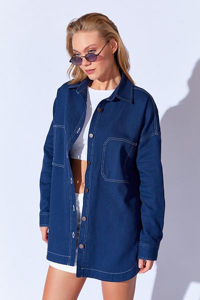 Manche Gabardine Washed Stitching Detailed Double Pocket Oversize Women's Outer Shirt |   Navy Blue Mkw 169415 -01