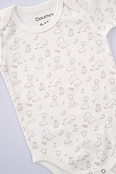 Boumini Short Sleeve Cotton Baby Bodysuit - Envelope Collar, Giraffe Cream