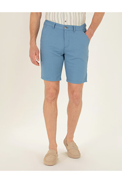 Pierre Cardin Koyu Mavi Slim Fit Keten Karışımlı Beli Lastikli Bermuda Şort 50264863-VR032