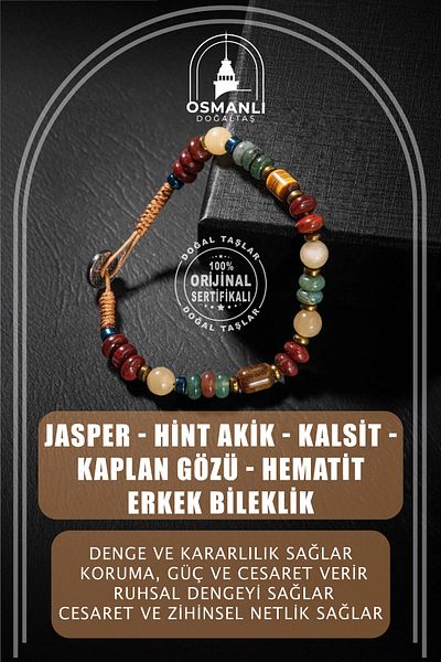 OSMANLI DOĞAL TAŞ Jasper-Indian Agate-Calcite-Tiger Eye-Hematite Natural Stone Men's Bracelet