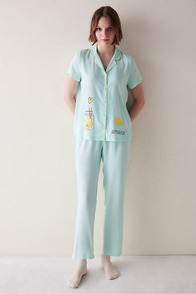 Penti Lemons Mint Color Shirt and Trousers Pajama Set - Buttoned