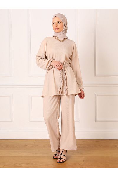 Refka Balloon Sleeve Tunic and Trousers Set - Belt Detailed - Beige - Refka