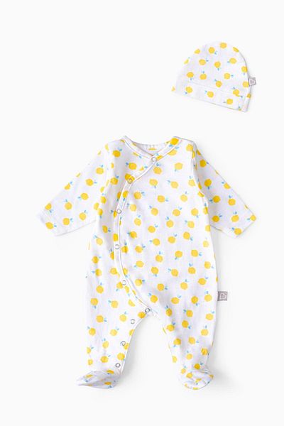 Boumini Yellow Lemon Patterned Baby Romper and Hat Set