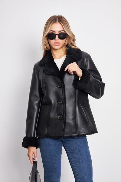 By Marki Marki Black Leather Coat - 73 Cm, Genuine Fur, Button Closure, Vintage Classic Model