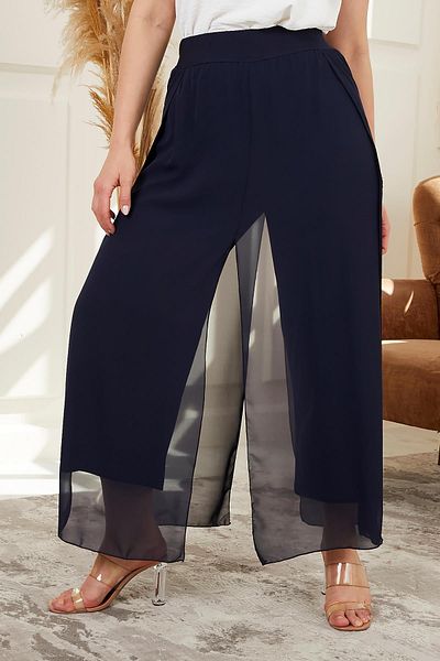 RMG Navy Blue Large Size Chiffon Trousers - Elastic Waist