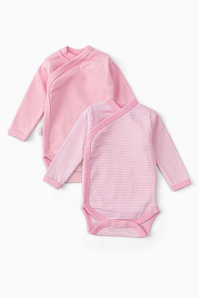 Uygun Bebe Pack of 2 100% Cotton Long Sleeve Double Breasted Baby Snap Bodysuit Pink