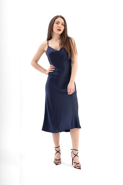 VAPUR TEKSTİL Μπλε Navy Satin Φόρεμα - Ρυθμιζόμενο λουράκι