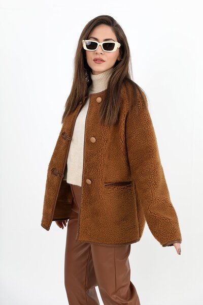 VAPUR TEKSTİL Camel Color Crew Neck Curly Jacket