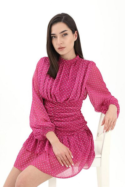 VAPUR Rochie din șifon cu buline adunate - fucsia