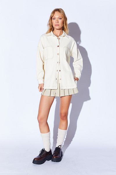 Manche Gabardine Washed Stitching Detailed Double Pocket Oversize Women's Outer Shirt |   Natural Mkw 169415 -01