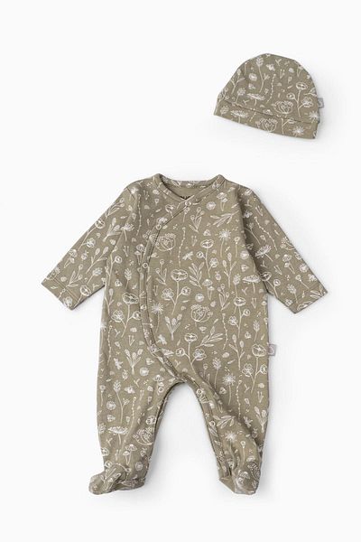 Boumini Baby Booties Jumpsuit Hat Set Spring Floral Khaki