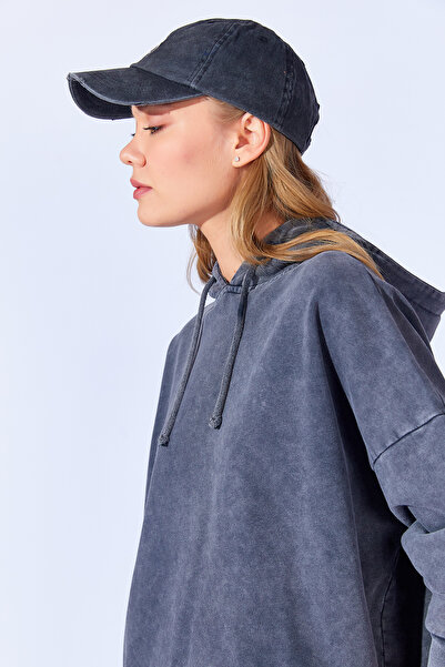Manche Eskitme soluk efektli yıkamalı oversize kalın üç iplik kadın Sweatshirt | Antrasit MKW279354-01