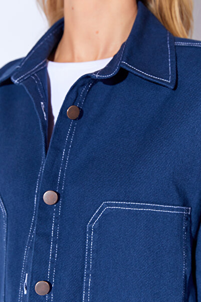 Manche Gabardin Yıkamalı Dikiş Detaylı Çift Cep Oversize Kadın Dış Gömlek | Lacivert MKW169415-01