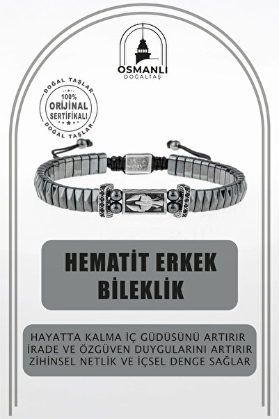 OSMANLI DOĞAL TAŞ Hematit Doğal Taş Gümüş Zirkon Erkek Bileklik