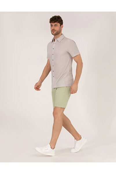 Pierre Cardin Açık Yeşil Slim Fit Keten Karışımlı Beli Lastikli Bermuda Şort 50264863-VR092