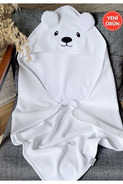 Alpar Tekstil Cotton Soft Girl-Boy Newborn/Baby Bath Towel Swaddle White/Polar Bear