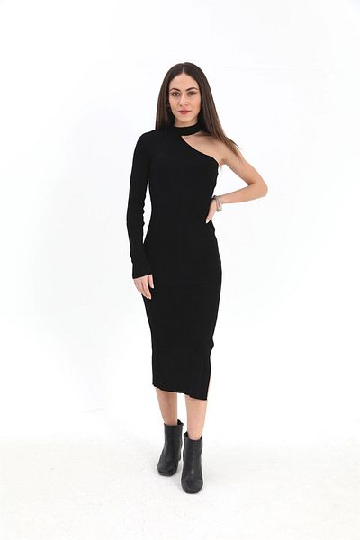 VAPUR Black One Shoulder Knitwear Dress