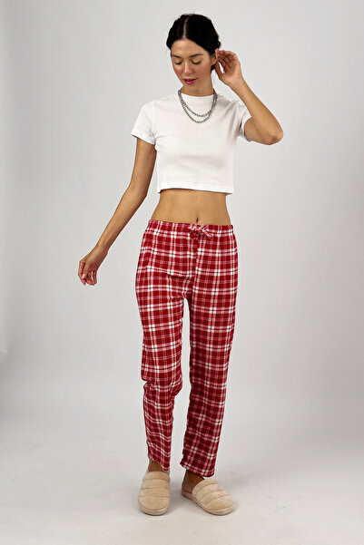 Betimoda Red White Plaid Checkered Women's Velvet Pajama Bottoms Tracksuit Cotton