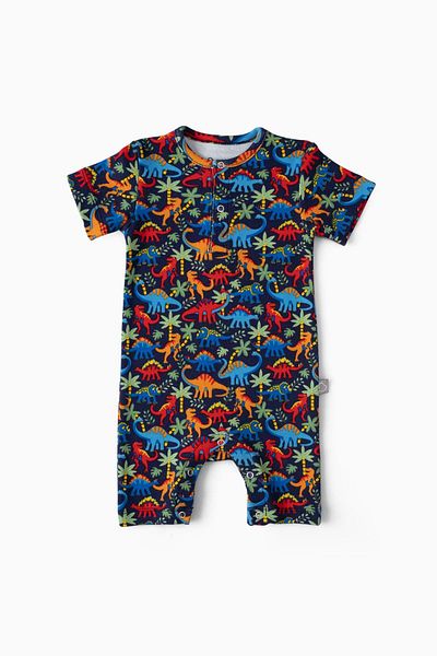 Boumini Navy Blue Dinosaur Patterned Short Sleeve Baby Shorts Romper