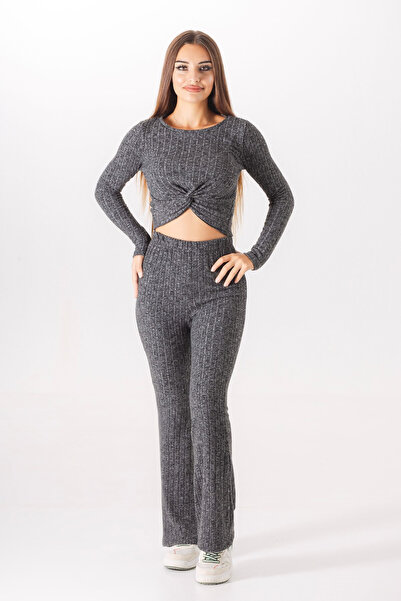 Wild Flower Antaracid Long Sleeve Round Neck High Waist Front Twist Bottom Top Suit