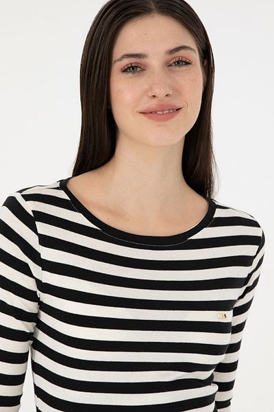 U.S. Polo Assn. Women's Black Striped Crew Neck Sweatshirt 50299102 -Vr046