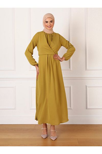 Refka Bolero Detailed Hijab Dress - Oil Green - Refka