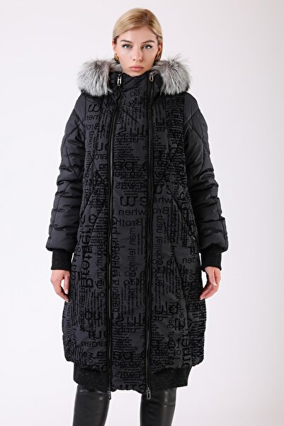 Leather Club Siyah Baskılı Fox Kürk Aksesuarlı Şişme Puffer Kaban