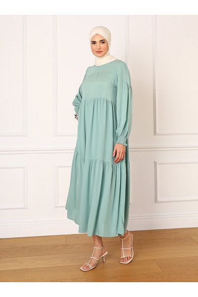 Refka Natural Fabric Hijab Dress with Gipe Detail on Sleeve Ends - Çağla - Refka