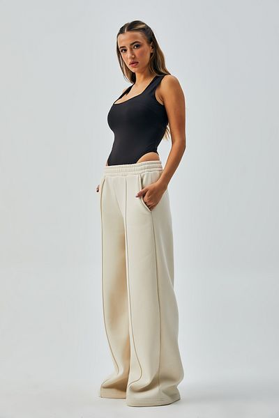 minaaise Ecru Wide Cut Elastické žebrované tepláky v pase 26237