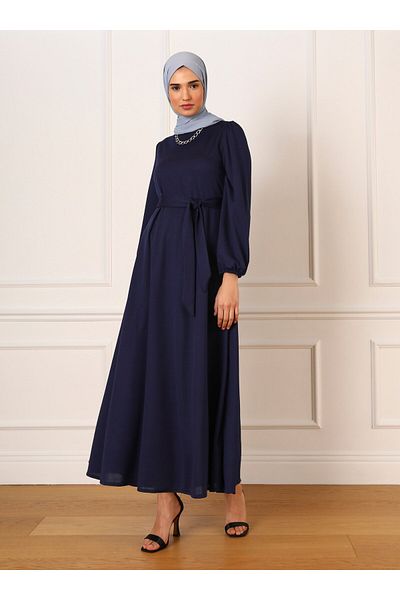 Refka Comfortable Hijab Dress with Belt Detail - Navy Blue - Refka