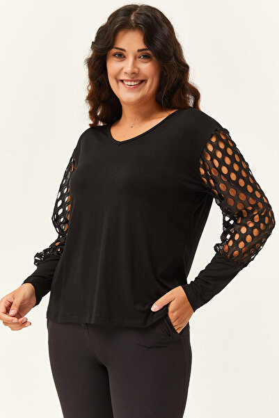 Ebsumu Kadın Büyük Beden Transparan File Kol Detaylı Siyah Bluz