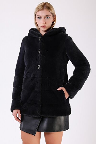 Leather Club Siyah Vizon Kürk Kaban