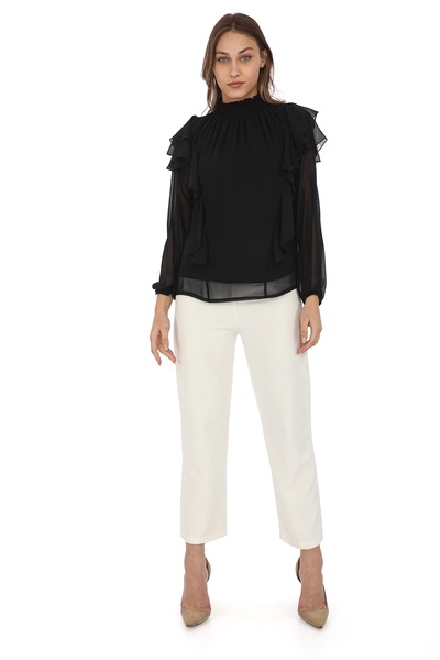 lodmela بلوزة شيفون سوداء - كشكش على الكتف، جبر، موديل 6001