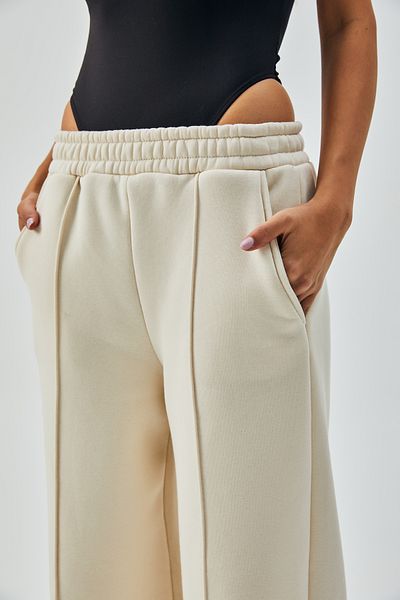 minaaise Ecru Wide Cut Elastické žebrované tepláky v pase 26237