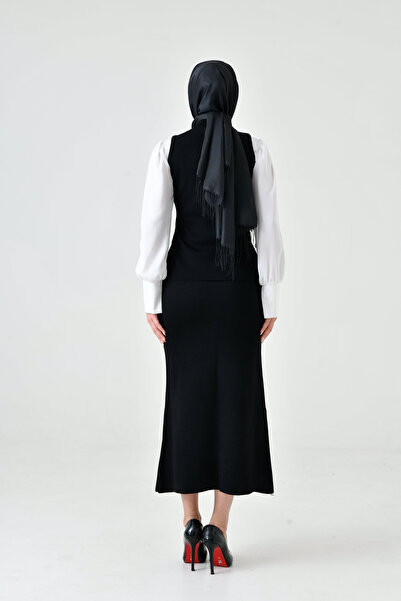 bayansepeti Hijab Suit Buttoned Sleeveless Cardigan High Waist Midi Skirt Bottom Top Black Knitwear Hijab Suit 5155
