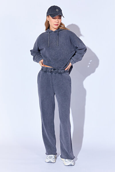 EDITION WOMAN Anthracite Washed Washed Faded Effect Χοντρό τρίκλωνο Palazzo Cut Γυναικείο Pantalon EK 100810056