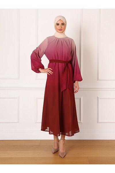 Refka Belted Gradient Patterned Chiffon Hijab Evening Dress - Pink - Refka