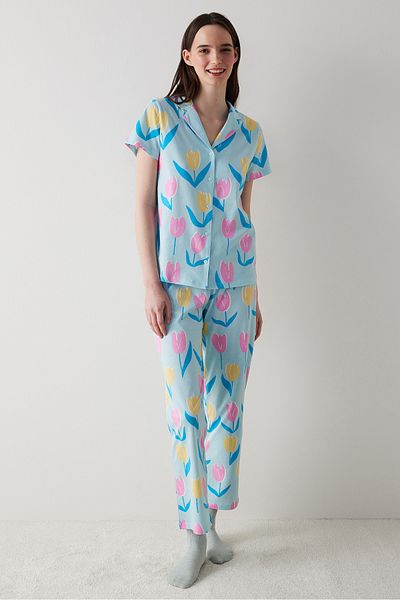 Penti Set de pijamale cu nasturi, pantaloni, cămașă mentă deschisă Tulips