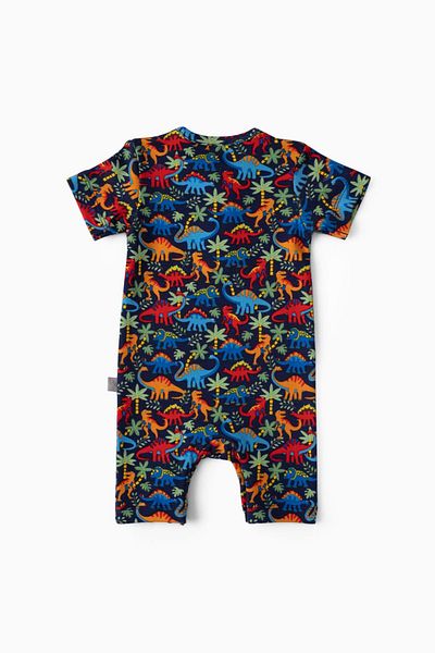 Boumini Navy Blue Dinosaur Patterned Short Sleeve Baby Shorts Romper