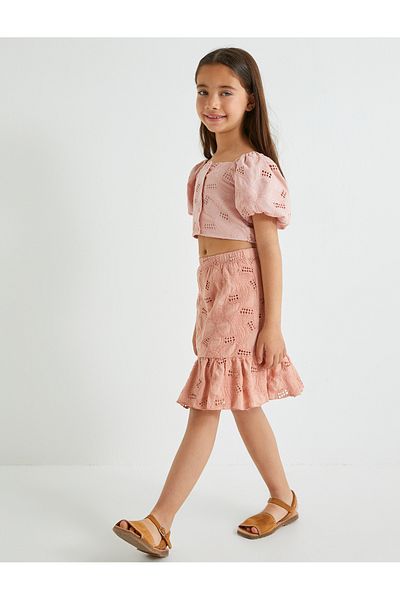 Koton Balloon Sleeve Crop Blouse - Button Closure and Scallop Detail