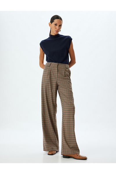 Koton Plaid-Palazzo-Hose mit hoher Taillentasche und plissiertem Detail