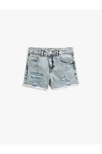 Koton Jeansshorts mit Taschen, ausgefransten Details, Quastenkanten und verstellbarem elastischem Bund