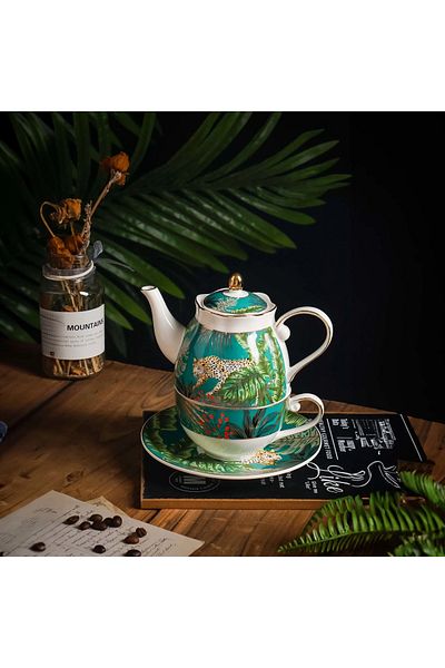 SODELICIOUS COFFEE TEA Green Haven 4 Piece Forest Patterned Tea and Coffee Cup Porcelain Teapot Set