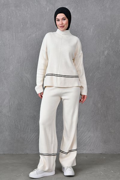 4S1B FASHION Stand Collar Striped Sweater and High Waist Trousers - Oversize Knitwear Hijab Set 3040