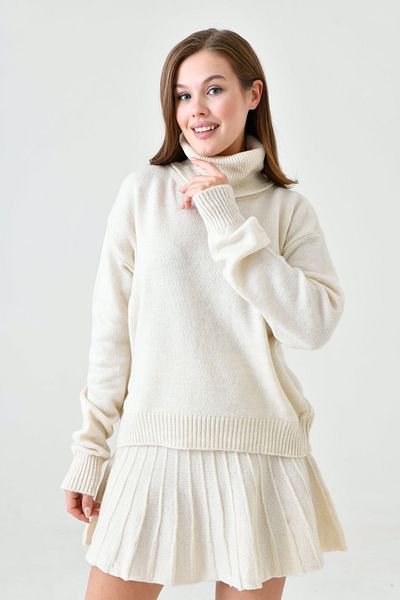 WOMAN VISION Beige Knitwear Fabric - Oversize Turtleneck Sweater and Pleat Mini Skirt Set 9903