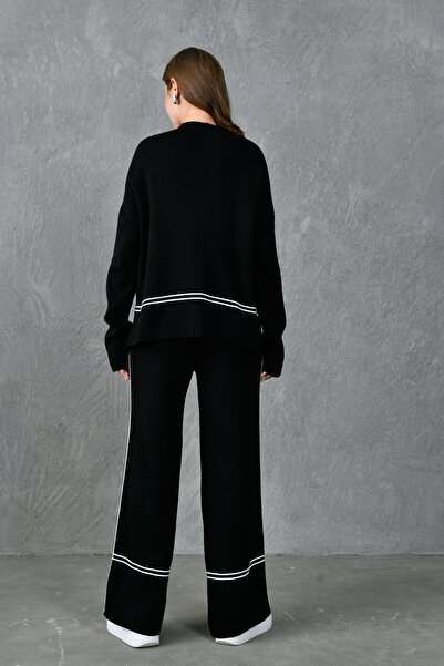 bayansepeti Stretchy Knitwear Stripe Detail Oversize Sweater and High Waist Wide Leg Trousers Black Knitwear Suit 3040