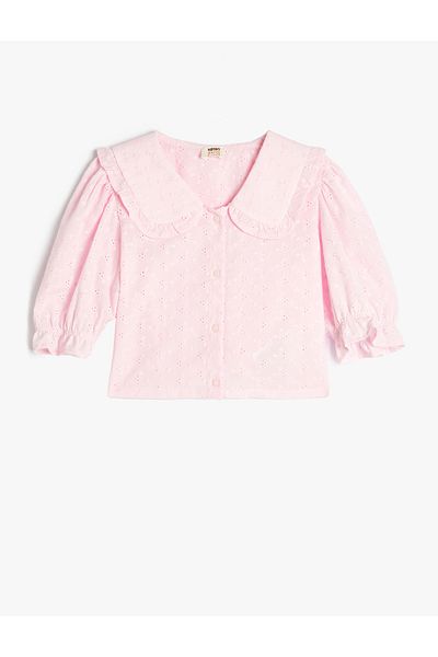 Koton Crop Shirt aus Baumwolle – breiter Babykragen, kurze Ballonärmel
