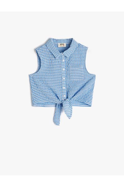Koton Kurzes, ärmelloses Hemd mit Gingham-Kragen und Taillenschnürung