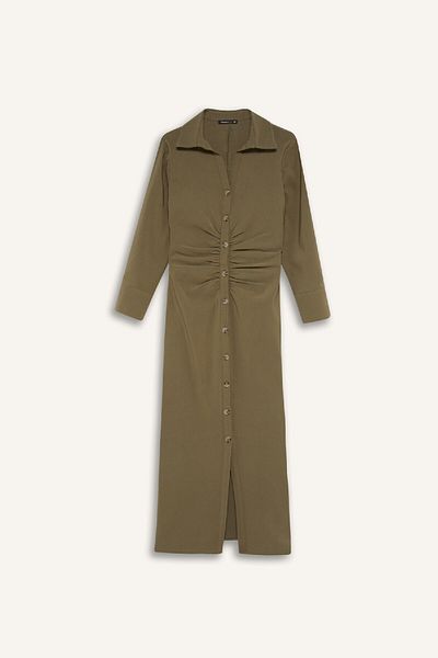 DeFacto Shirt Collar Basic Plain Button Belil Drawstring Bengal Half Sleeve Dress D4560Ax24Au