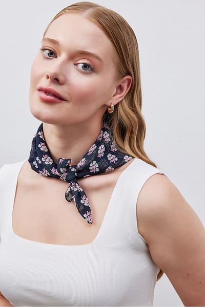 THE MOON Traditional Turkish Carnation Flower Motif Patterned Navy Blue Chiffon Scarf